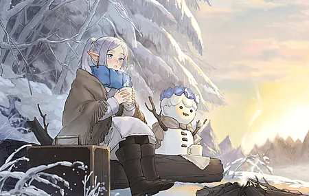 望向别处 妇女户外 坐 雪 动漫女孩 尖耳朵 电脑 桌面壁纸 3854×2480