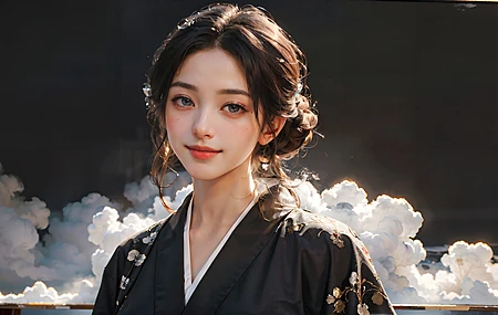 超清女人 看着观众 微笑 发髻 亚洲 黑色服装 AI艺术 黑发 电脑 高清壁纸 3840×2176