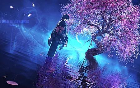 和服 花瓣 倒影 树木 黑发 回顾 极简主义 电脑 壁纸 6000×2772