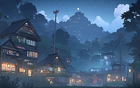 AI艺术 村庄 夜晚 建筑 云 树 叶 灯 电脑 壁纸 6720×2880