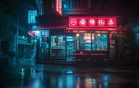AI艺术 插图 夜 日本 街道 雨 餐厅 霓虹灯 电脑 4K高清壁纸 5824×3264