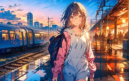 散步 人工智能艺术 火车 火车站 眼镜 背包 兜帽 铁路 傍晚 脸红 电脑壁 纸 壁纸 6144×4096