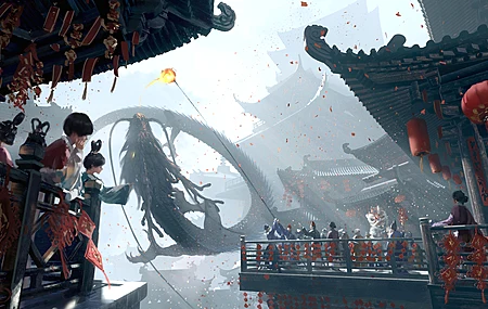 群组 数字艺术 艺术品 插图 奇幻艺术 龙 建筑 中国 节日 中国龙 电脑 高清壁纸 4800×2763