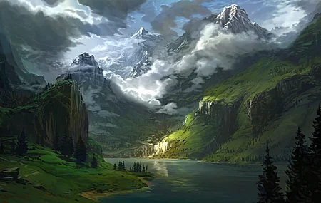 山脉 湖泊 数字艺术 风景 阴影 云 山谷 树木 电脑 壁纸 3840×2160