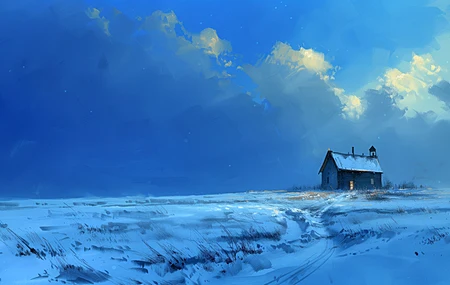 AI艺术 云 插图 晚上 蓝色 雪 冬天 绘画 房子 草 电脑 4K高清壁纸 5824×3264