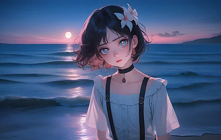 超清动漫女孩 人工智能艺术 超现实主义 海滩 日落 电脑 4K壁纸 5376×3072