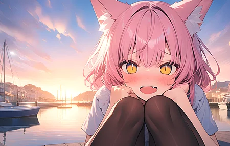 动漫女孩 人工智能艺术 猫耳 尖牙 日落 港口 电脑 桌面壁纸 5376×3072