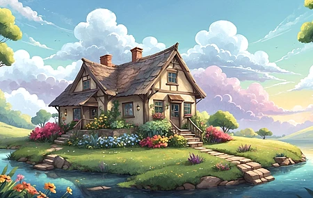 AI艺术 数字艺术 数字绘画 房屋 风景 插图 溪流 云 电脑 4K壁纸 4084×2310