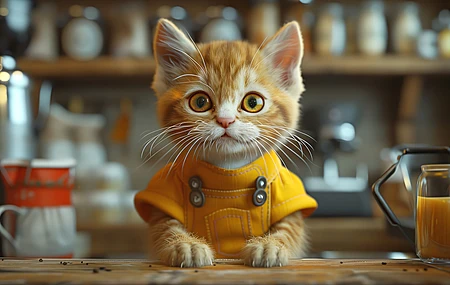 咖啡师 人工智能艺术 猫 拟人化 小猫 电脑 4K高清壁纸 5824×3264