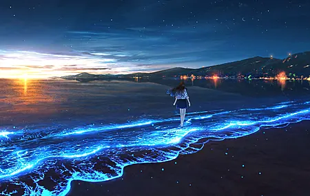 女人 长发 深色头发 数码艺术 艺术品 插图 风景 海洋 电脑 4K高清壁纸 4096×2304