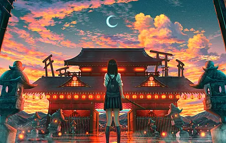 绚丽奇幻艺术 天空 云 星星 月亮 裙子 日落 建筑 后视 新月 电脑 桌面壁纸 3840×2160
