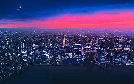 绝美女性 坐着 数字艺术 艺术品 插图 城市 城市景观 夜晚 月亮 电脑 高清壁纸 3840×2160