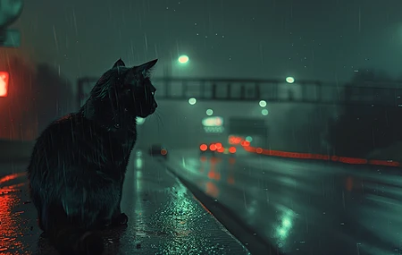 夜晚 猫 高速公路 道路 雨 电脑 壁纸 5824×3264