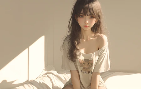 女人 深色头发 人工智能艺术 动漫 超大号T恤 阳光 插图 电脑 壁纸 5691×3200