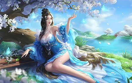 女人 电子游戏角色 亚洲 水 电子游戏艺术 鲜花 电子游戏 花瓣 树木 电脑 桌面壁纸 5000×2442
