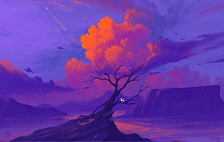 数字艺术 艺术品 插图 风景 自然 树 山 湖 云 签名 猫 电脑 4K高清壁纸 3840×2160