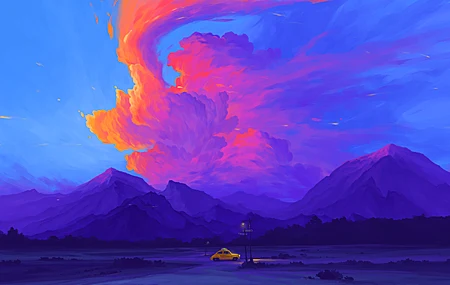 高清数字艺术 艺术品 插图 风景 自然 山 云 车辆 车 签名 场 电脑 壁纸 3840×2160