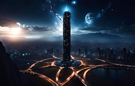 绚丽城市景观 黑暗 月光 摩天大楼 夜晚 AI艺术 电脑 桌面壁纸 3840×2160