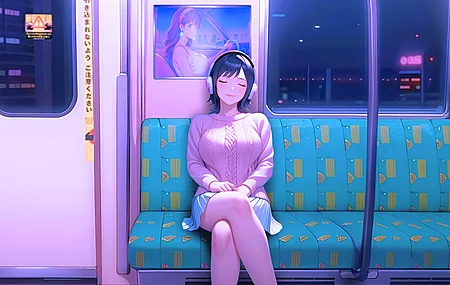 动漫女孩 地铁 霓虹灯 耳机 蓝裙 电脑 4K高清壁纸 3840×2160