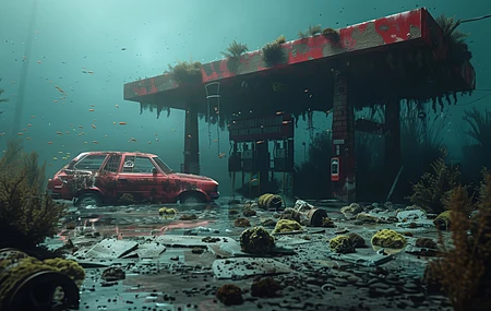 AI艺术 汽车 水下 加油站 电脑 桌面壁纸 5824×3264