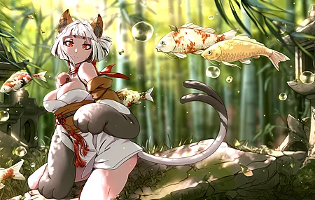 唯美凯特-福 猫女孩 红眼睛 白头发 猫耳朵 鱼 锦鲤 鲤鱼 尾巴 爪子 电脑 4K壁纸 4496×2528