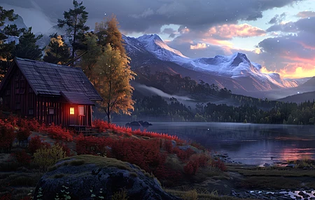 超清AI艺术 水 插图 小屋 湖 山 电脑 4K壁纸 5824×3264