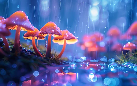 蘑菇 雨 发光 蓝色 电脑 4K高清壁纸 5824×3264