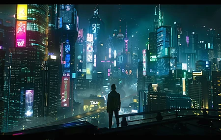 AI艺术 赛伯朋克 城市景观 霓虹灯 剪影 电脑 无水印壁纸 5824×3264