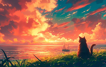 猫 自然 船 云 数字艺术 人工智能艺术 草 日落 电脑 壁纸 5824×3264