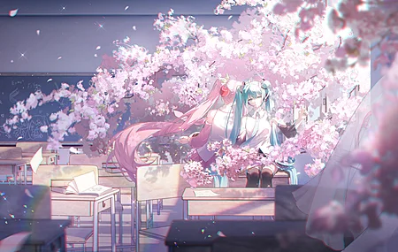 动漫 动漫女孩 小提琴 樱花 花瓣 教室 双尾 电脑 4K高清壁纸 5425×3052