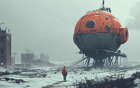 AI艺术 插图 塔 雪 冬天 橙色 雾 电脑 壁纸 5824×3264