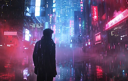 热门人工智能艺术 赛博朋克 插图 雨 城市 街道 剪影 霓虹灯 电脑 壁纸 5824×3264