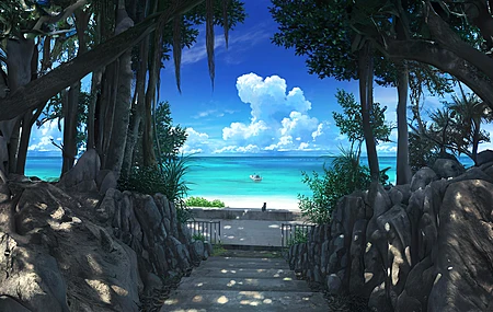 高清楼梯 海滩 岩石 海景 水 天蓝色 电脑 无水印壁纸 3840×2160