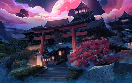 数字艺术 艺术品 插图 环境 夜 夜景 鸟居 云 月亮 建筑 城堡 电脑 壁纸 5111×2874
