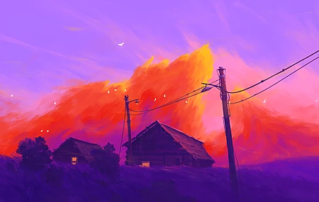 绚丽日落 房子 自然 鸟类 动物 电力线 电脑 壁纸 3840×2160