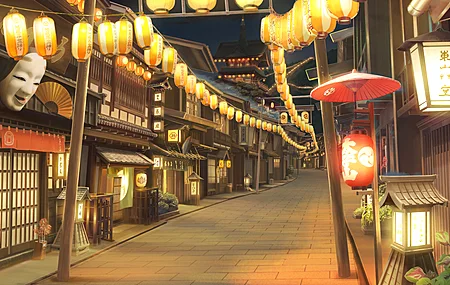热门街道 建筑 路灯 纸灯笼 灯笼 面具 伞 夜 电脑 壁纸 7083×3282