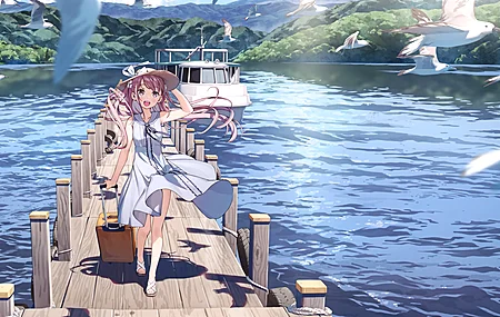 动漫女孩 船 海鸥 电脑 高清壁纸 4969×3149