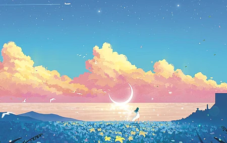绝美绘画 风景 领域 植物 花 月亮 云 鸟 动物 飞机 水 白色衣服 星星 电脑 壁纸 4724×3307