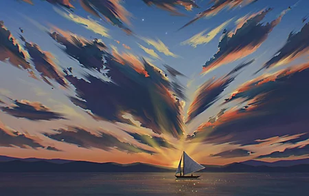 精选数字艺术 艺术品 插图 绘画 风景 云 海 水 船 帆船 日落 天空 电脑 4K壁纸 4724×3307