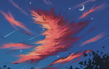 数字艺术 艺术品 插图 绘画 天空 云 月亮 鸟 动物 星星 流星 电脑 4K高清壁纸 4724×3307