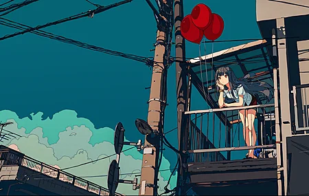 超清动漫女孩 天空 云 阳台 气球 电脑 无水印壁纸 5160×2160