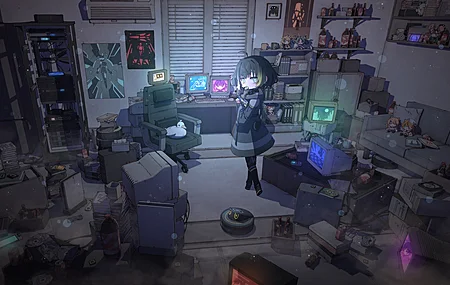 看着观众 短发 动漫女孩 室内 电脑 壁纸 3840×2160