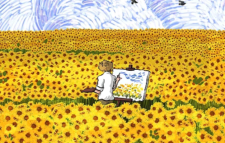 经典绘画 向日葵 鲜花 鸟类 草帽 后视镜 田野 电脑 桌面壁纸 4378×2736
