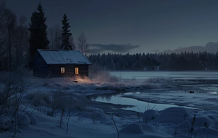 冬天 雪 夜晚 小屋 湖 树木 电脑 4K高清壁纸 5824×3264