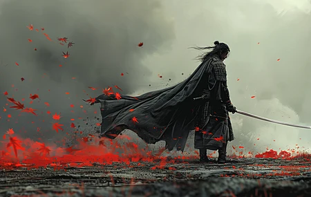 亚洲 人工智能艺术 插图 武士 树叶 烟雾 剑 电脑贴纸 4K贴纸 4K高清壁纸 5824×3264