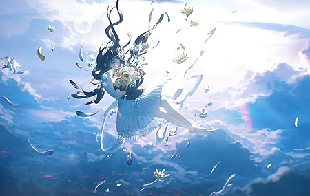 唯美坠落 长发 白色连衣裙 花束 连衣裙 花 云 羽毛 花瓣 黑发 天空 阳光 电脑 高清壁纸 5689×3000
