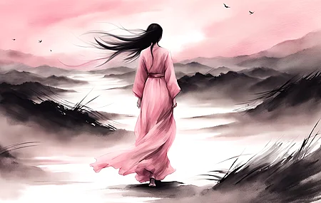 热门人工智能艺术 中国 墨画风 水彩风格 粉色 柔光 电脑 高清壁纸 3840×2160