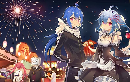 蓝色头发 粉色眼睛 bilibili 动漫 动漫女孩 女仆 电脑 壁纸 3840×2160