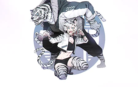 人物 猫女 短发 尖牙 老虎 猫耳朵 猫尾巴 大腿 动漫 动漫女孩 数字艺术 电脑 壁纸 3840×2160