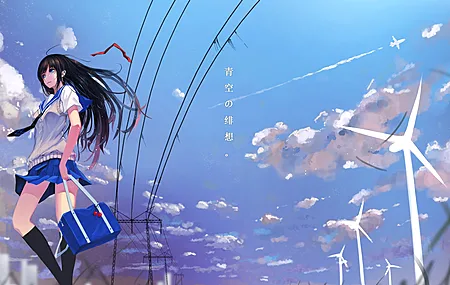 绚丽长发 站立 直发 蓝眼睛 黑发 动漫 动漫女孩 裙子 天空 云 蓝色裙子 风车 校服 艺术品 迷你裙 电脑 手机壁纸 4960×2513